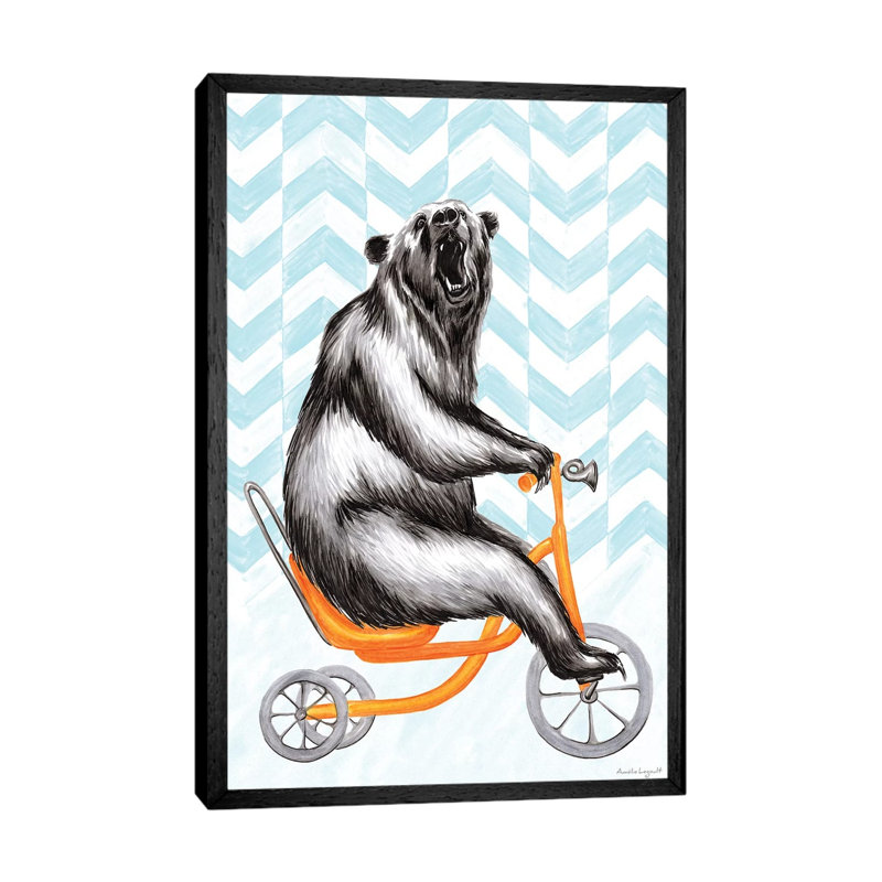 Bear On Bike by Amélie Legault - Floater Frame Print on Canvas, Black Framed Canvas, 101.6 cm H x 66.04 cm W