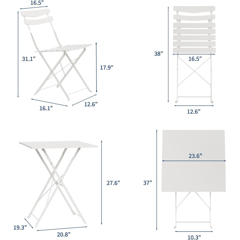 3 Piece Folding Patio Bistro Set, Patio Table & Chairs, No Assembly, White, White