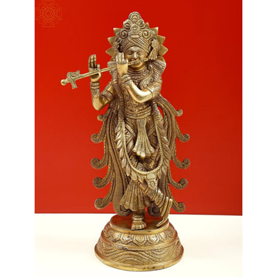 12" Fluting Krishna Brass Statue – Handcrafted Indian Lord Krishna Musical Idol for Home Altar & Spiritual Decor