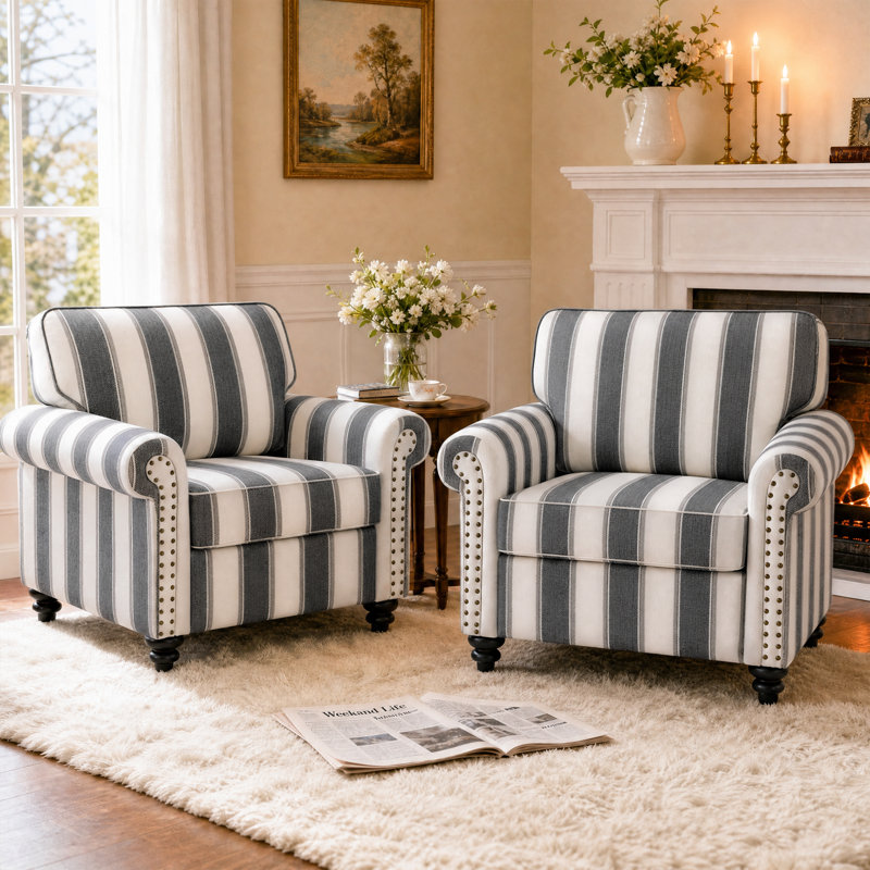 Fauteuil rembourré en mélange de coton, Rayé noir