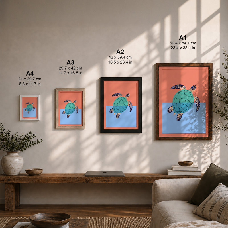 Geometric Sea Turtle Modern - Print, A2 - 59.4 x 42.0 cm, Walnut