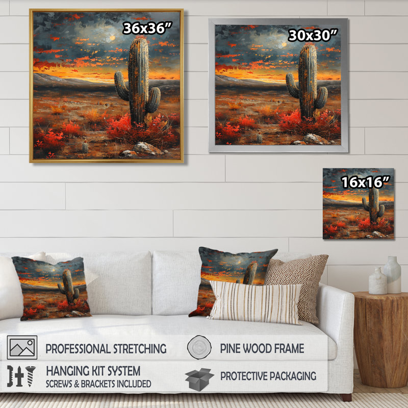 Décoration murale cactus vert et orange, Toile encadrée noire simple, H 36 po x l 36 po x P 1,5 po