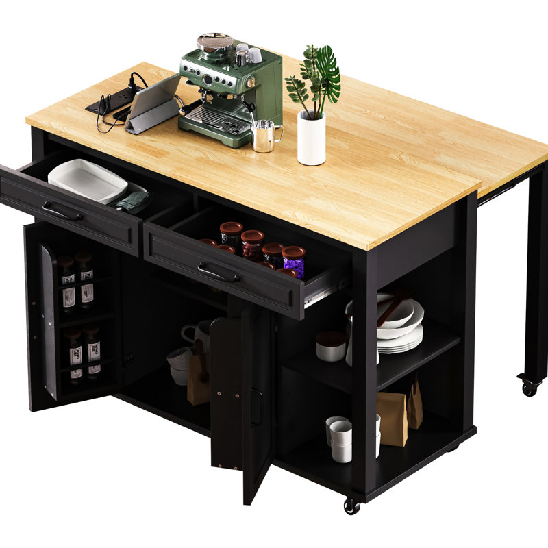 Black Rubber Wood Veneer Kitchen Island With Internal Storage Rack, 13.8"X41.7" Table, 6+2 Wheels, For Dining And Meal Prep Extendable 47.2" Dimension, Top, Compartments, Power Outlet, Mobile