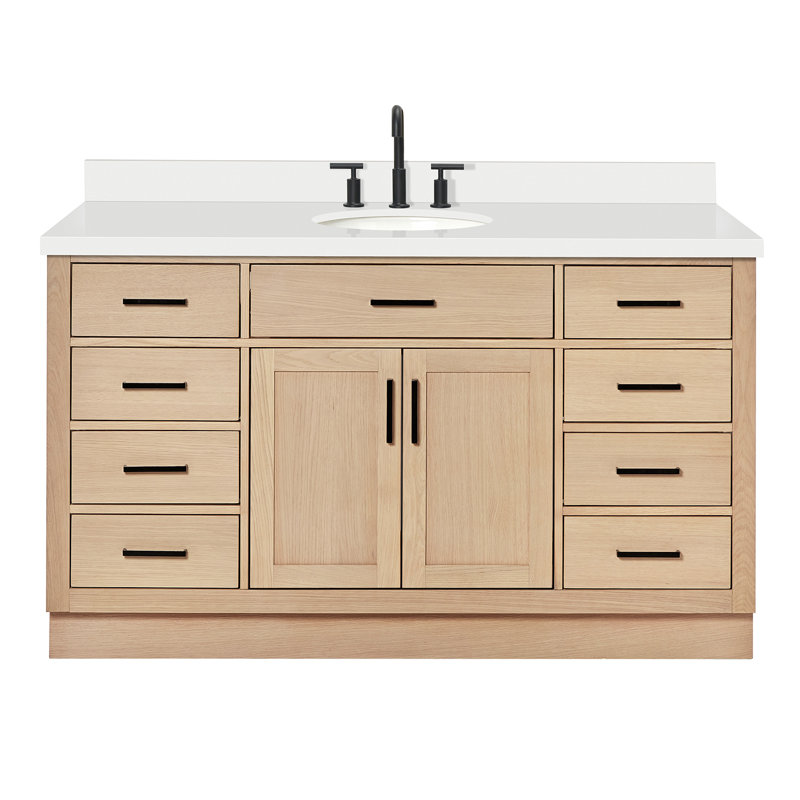 Meuble-lavabo simple en bois massif Tidworth avec plateau en quartz blanc de 1,5 po, Chêne naturel, Ovale