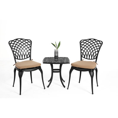 Mobilier de patio extérieur en aluminium coulé 3 pièces - 2 chaises et 1 table ronde, coussin noir, conception classique, assemblage facile pour rehausser votre style de vie Bistro classique 3 pièces antirouille pour un attrayant