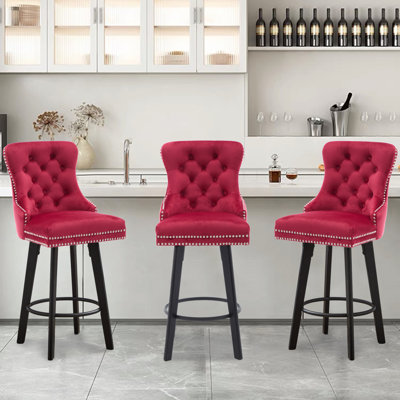 Modern  Swivel Bar Stools Velvet Barstools Button Tufted Bar Stools Rivet Trim Bar Stools