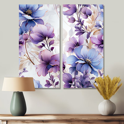 Wonderland, fleurs blanches et mauves - chalet bleu, impressions d'art traditionnelles sur toile 2 pièces