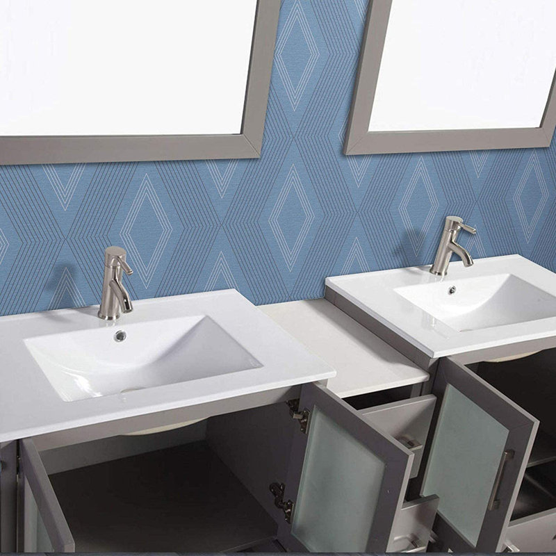  Meuble-lavabo autoportant moderne à double cuve 96 po avec comptoir en céramique et miroirs assortis, Gris
