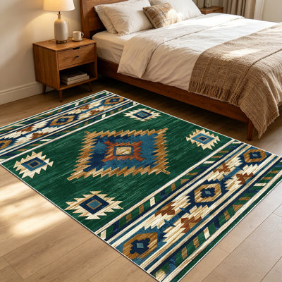 Tapis vert émeraude géométrique 1 pièce Southwestern Aztec