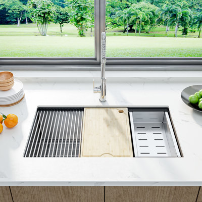 33"/30" Undermount Single Bowl Kitchen Sink, Stainless Steel Deep Basin with Bottom Grid & Accessories