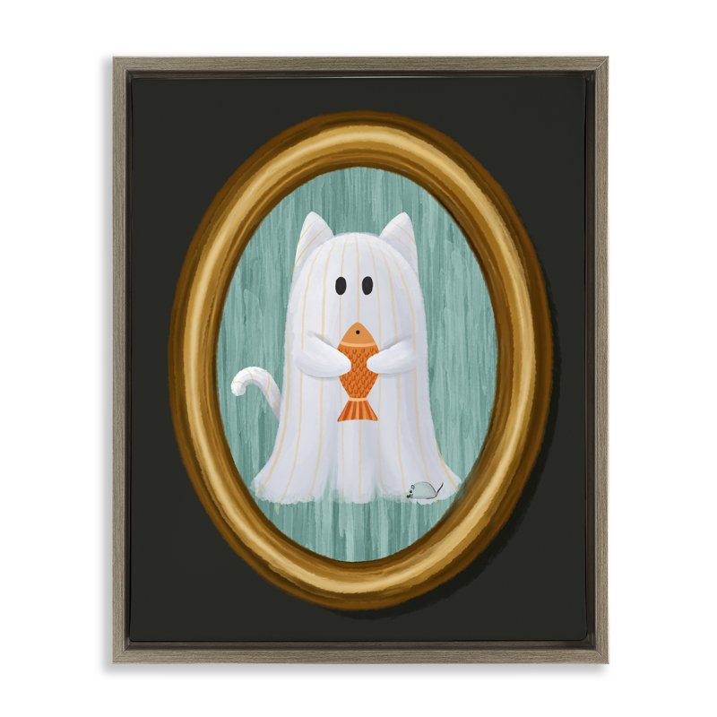 Chat fantôme avec cadre flottant poisson, design par Jennifer Stith, H 31 po x l 25 po, Cadre flottant orme Montalcino