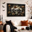 Trois crânes craquelés avec des papillons orange et une toile d'Halloween-687072674