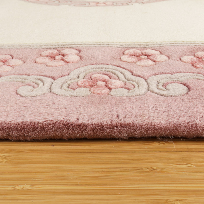 Tapis oriental oriental à bordure rose avec couronne rose et ivoire, Rectangulaire 4 pi x 5 pi