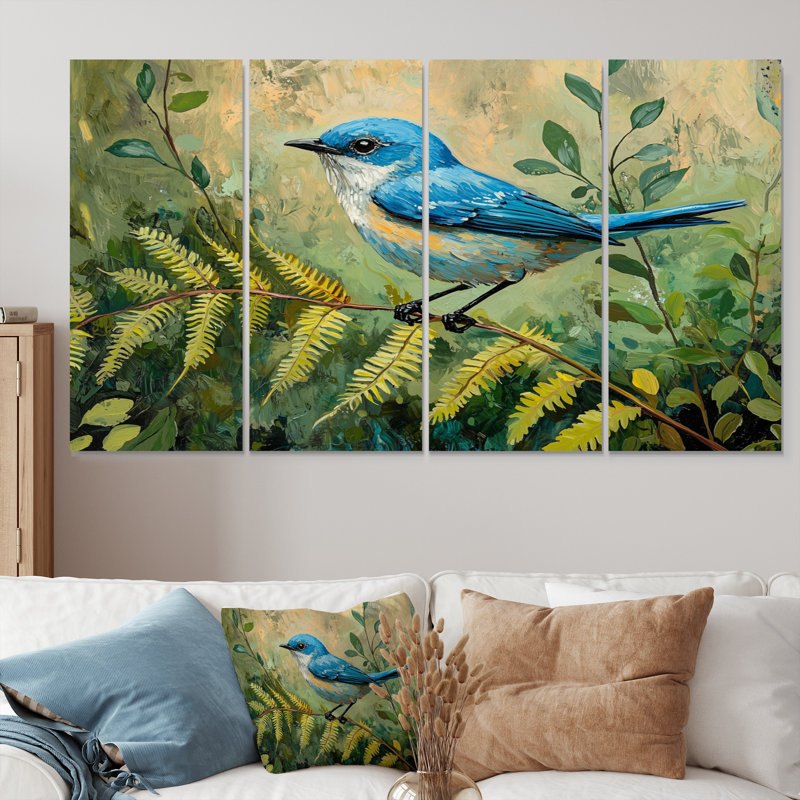 Oiseau bleu et fougères de la forêt II - Art mural oiseau - art mural moderne pour le salon, H 28 po x l 48 po