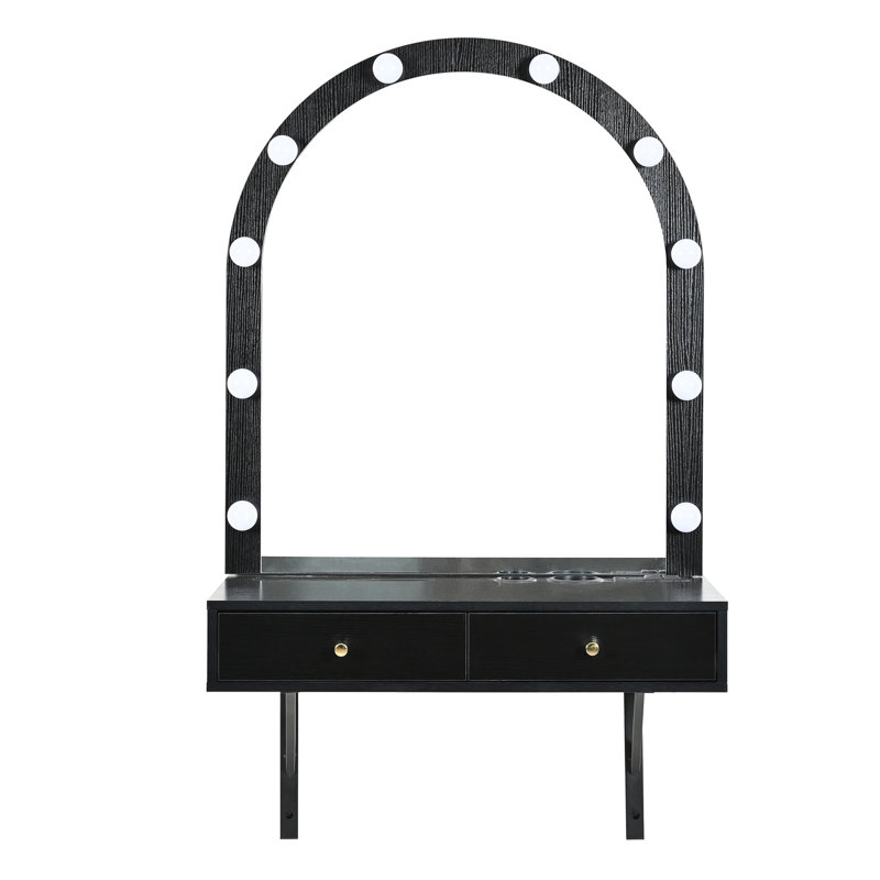 Compact Vanity Desk With 3-color Mirror - Black, For Small Rooms Floating Makeup Table & Storage Eye-caring Lights, Black