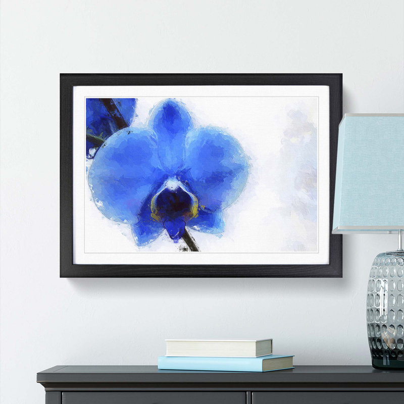 Blue Orchid in Abstract - Picture Frame Painting Print, Black Framed, 27cm H x 36cm W x 2cm D