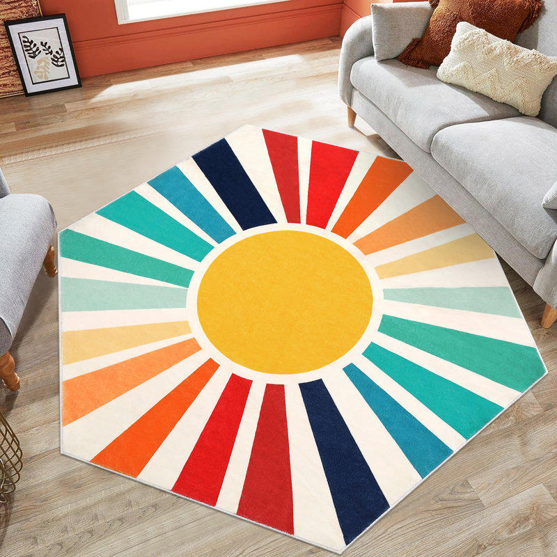 Cute Machine Washable Rugs Sunburst Area Rug Modern Non-Slip Rugs for Bedrooms Colorful Soft Carpet for Kids Boys Girls Dorm Nursery Reading Corner