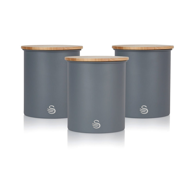 Swan Nordic Scandi Set of 3 Storage, Tea, Coffee and Sugar Canisters, Steel, Bamboo Lid, One Size, Grey