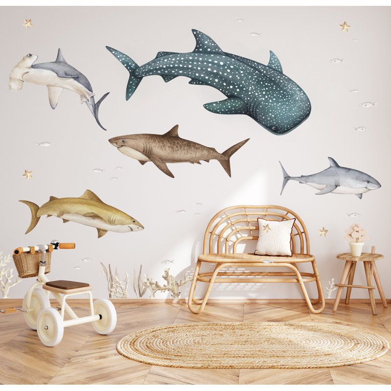 Kids Room Wall Decals – Peel & Stick Shark Set, Ocean Theme, 36" H x 50" W