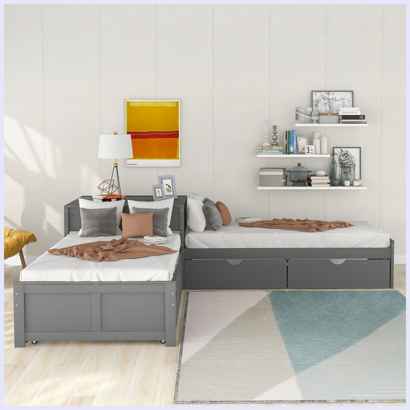 L-shaped Platform Bed with Trundle and Drawers Linked with built-in Desk, Gray