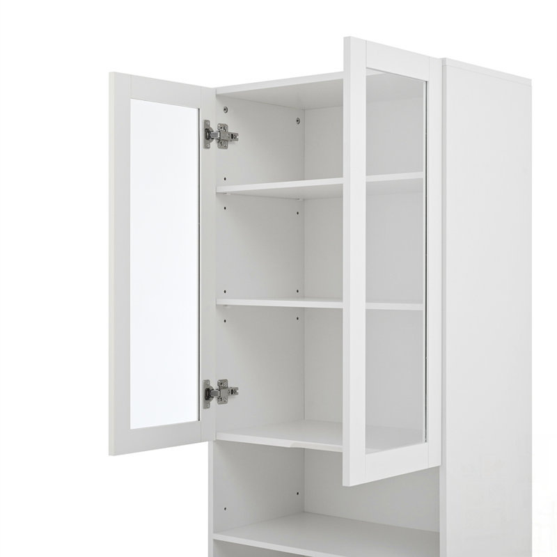 Meuble-lavabo polyvalent avec miroir et station de charge, coiffeuse avec 8 compartiments cachés, 3 tiroirs, 2 armoires et tablettes ouvertes pour le bureau à domicile