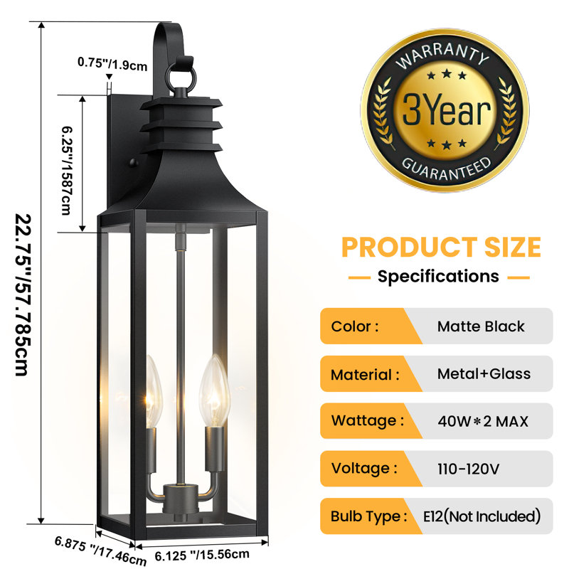 22" Black Outdoor Wall Light, 2-Pack - Waterproof Exterior Wall Sconce, Modern Farmhouse Porch Lighting for Garage, House Decor
