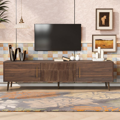 Meuble télé Mid-Century avec 2 tiroirs, console multimédia pour téléviseur de 80 po ou moins, centre de divertissement avec rangement pour le salon, la chambre à coucher et le cinéma maison
