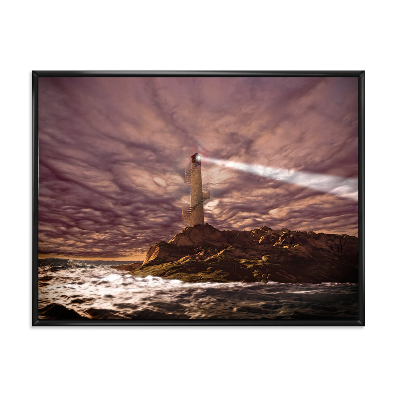 Phare brillant pendant la nuit orageuse I - photographie sur toile, H 30 po x l 40 po x p 1 po, Toile avec cadre noir
