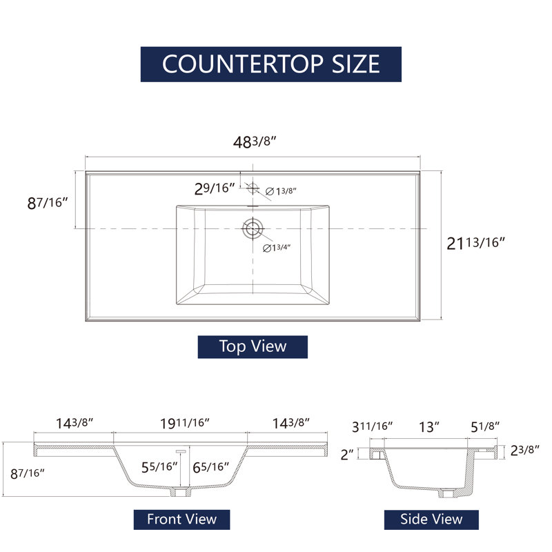48" Solid Surface Single Bathroom Vanity Top In White With Sink