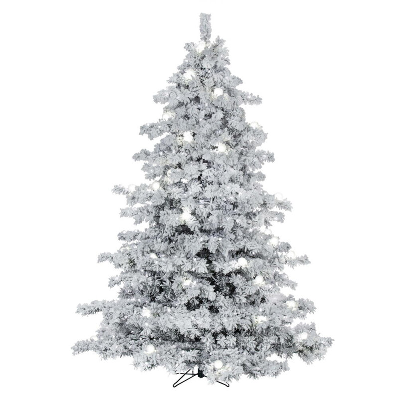 Vickerman 10' x 82" Flocked Alaskan Artificial Pre-Lit Christmas Tree with 91 Warm White G50 and 1200 Warm White LED Mini Lights, 2911 Flocked Realistic PVC Tips, 6' Step On/Off Power Cord and Folding Metal Tree Stand. Assembly is required.
