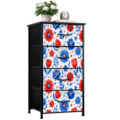 4 Drawer Vertical Storage Dresser Red Blue Floral Stars Hand Drawn Design with Wood Top Fabric Pull Drawers
