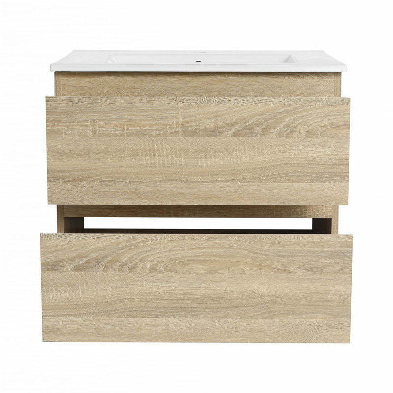 Meuble-lavabo mural avec lavabo en céramique, Blanc, Chêne clair, 24"