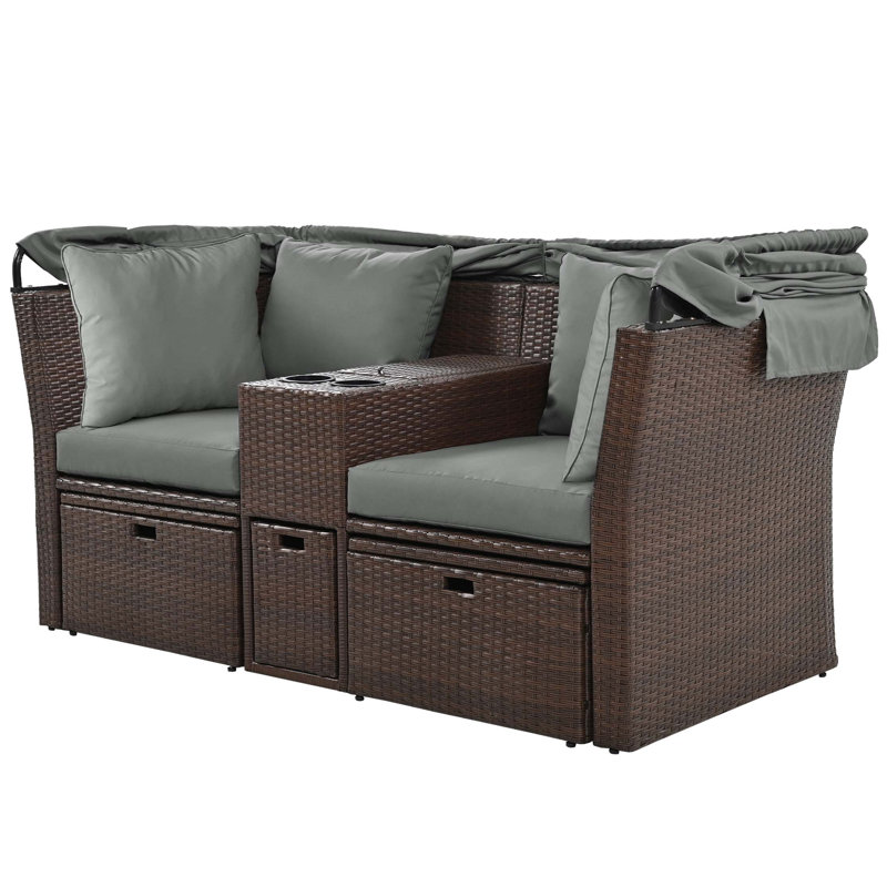 Ensemble de canapé-lit d'extérieur double 2 places avec auvent pliable et coussins pour le jardin, le balcon, le bord de la piscine, gris