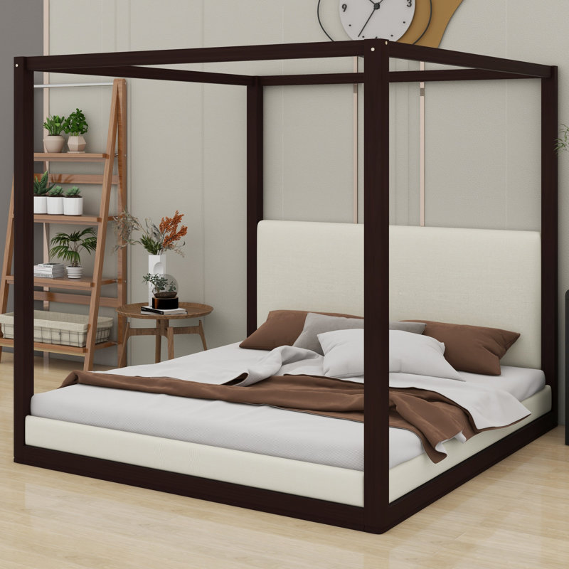 Lit à baldaquin contemporain en bois avec tête de lit tapissier, King, Espresso