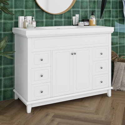 Meuble-lavabo 48 po avec lavabo en résine, armoire de salle de bain moderne avec 6 tiroirs à fermeture douce et 2 portes