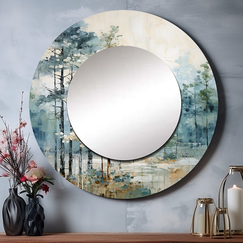 Pin, forêt enchantée II - miroir décoratif pin, miroir mural rond vert, impression sur métal, 36 po x 36 po