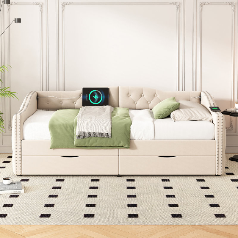 Mid-Century Upholstered Twin Daybed With 2 Storage Drawers, No Box Spring Needed, Grey/Beige Plush Velvet Wood Frame Daybed With Diamond-Tufted Backrest & Wing-Back Arms, 3-In-1 Sofa/Bed/Guest Bed (500 Lbs Capacity)