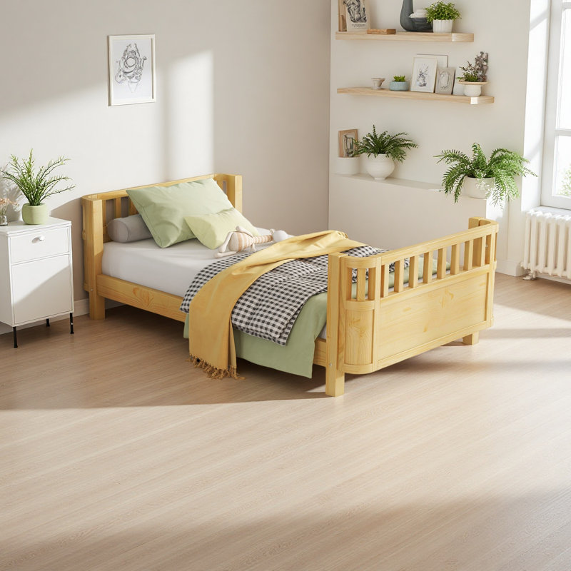 Lit plateforme simple en bois pour enfants, lit simple en bois à profil bas avec rails pour filles et garçons