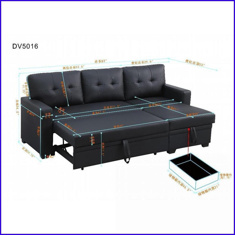 Canapé modulaire coulissant avec méridienne de rangement - lit simple, dossier rembourré | Similicuir | Noir | Accoudoirs carrés