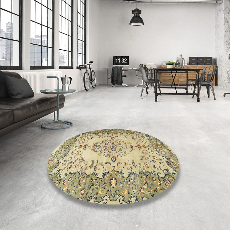 Tapis traditionnel vert / beige, Rond 4 pi