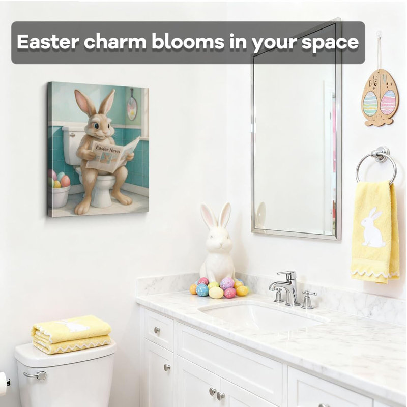 Drôle de lapin lisant des impressions sur toile de journal, art mural sur toile de style salle de bain fantaisiste, décoration de salle de bain, décoration de chambre d'enfant, décorations de thème de lapin de Pâques, reproduction d'art sur toile tendue, 8 po x 10 po