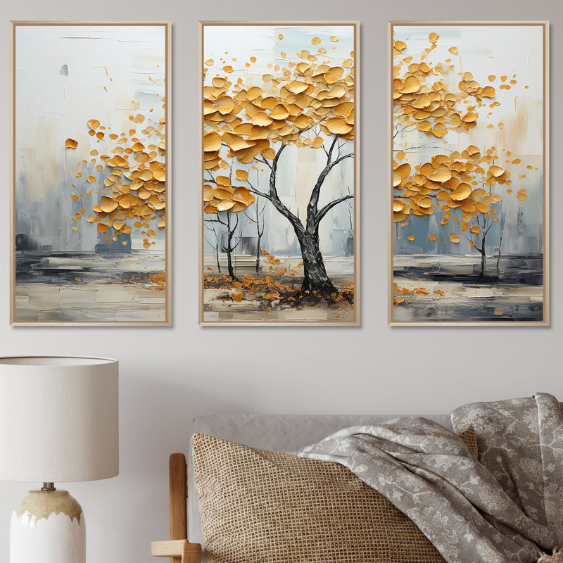Golden Elegance Maple Tree I - ensemble d'art mural sur toile érable, Cadre naturel flottant, H 40 po x l 60 po x P 1 po