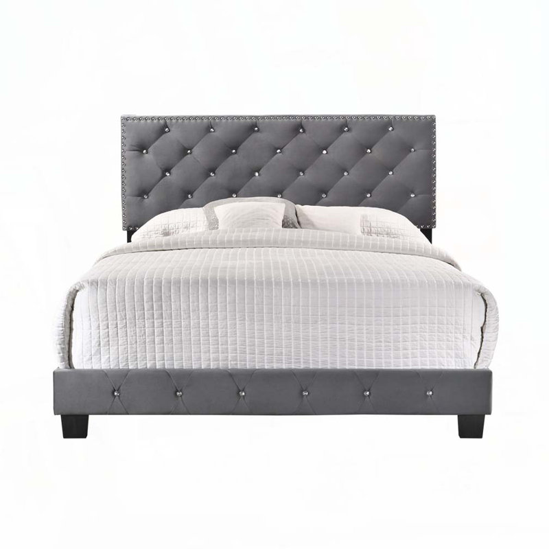 Lit rembourré en velours avec tête de lit capitonnée, Gris, Très grand