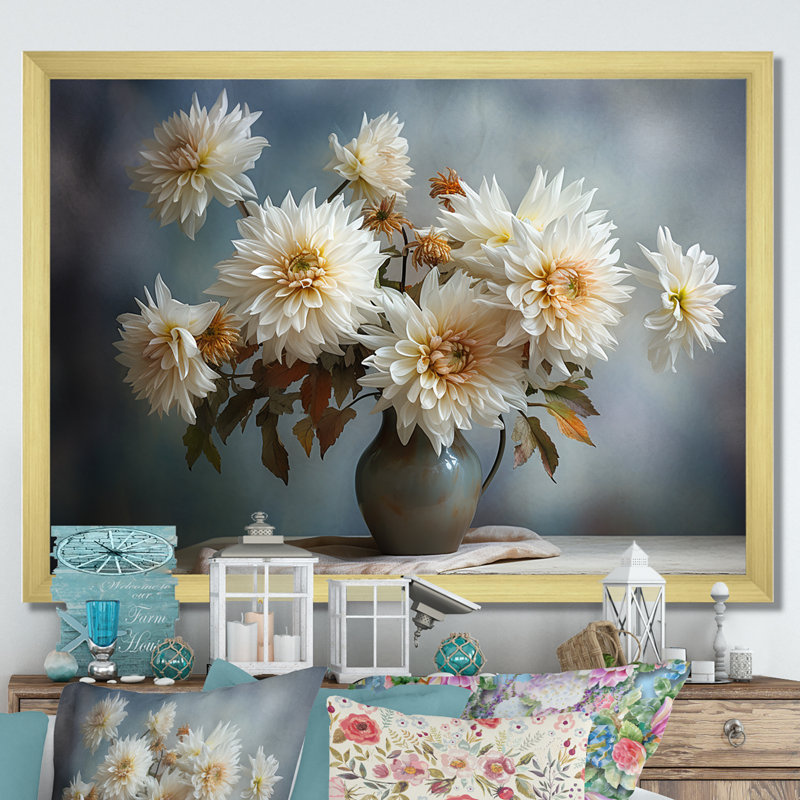 «White Mums Bouquet Still Life I - Mums», art mural sur toile, Cadre doré simple, H 16 po x l 32 po x P 1 po
