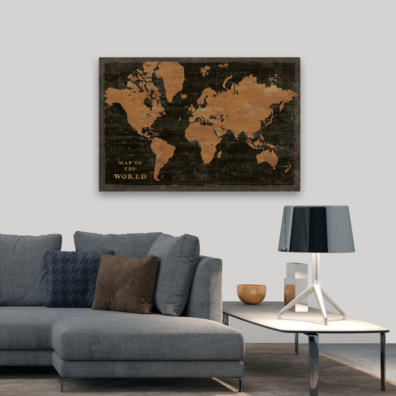 Carte du monde industriel contemporain noir gris Continent cuivre, H 48 po x l 32 po