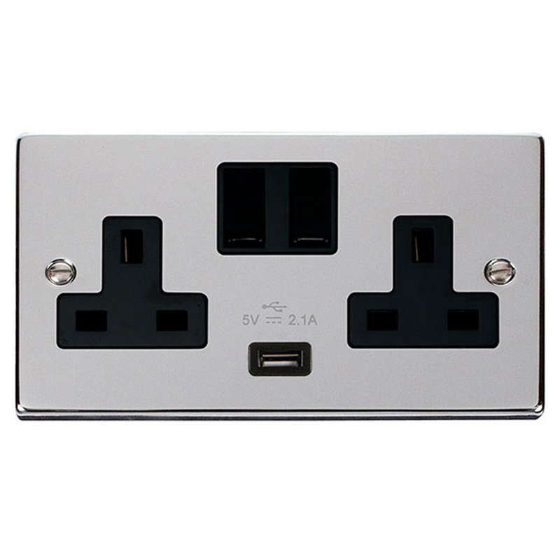 Polished Chrome 2 Gang 13A 1 USB Twin Double Switched Plug Socket