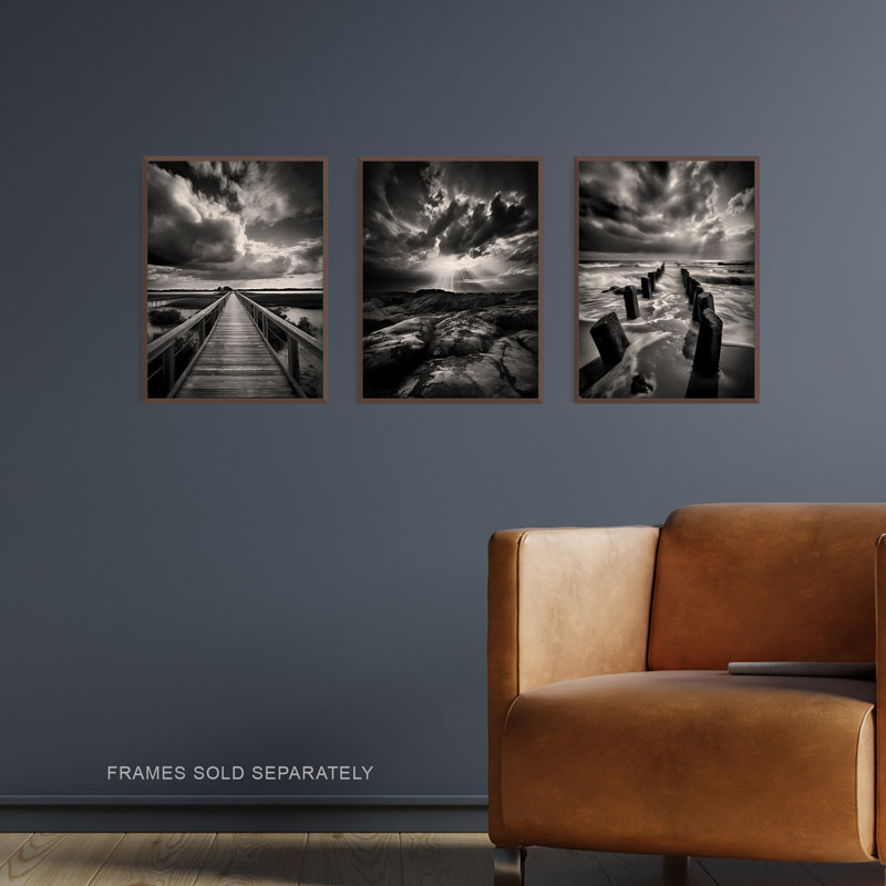 Atmospheric Clouds Black White Dramatic Coastal Landscapes - 3 Piece No Frame Print Set, 40.5cm H x 30.5cm W x 0.3cm D