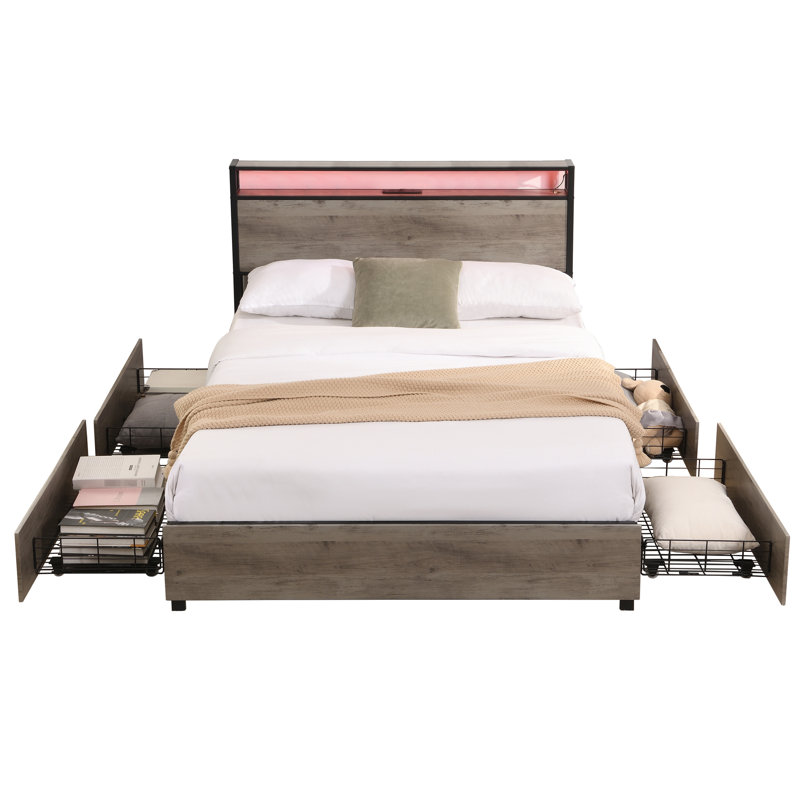 Antique Gray Bed Frame With Led Lights & Storage - 16 Colors. Easy Assembly Full Size Headboard Charging Station, ,