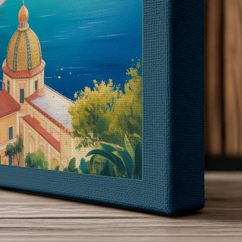 Mediterranean Cascades Coastal - Wrapped Canvas, 18x12 - 45.7 x 30.5 cm, Teal Border