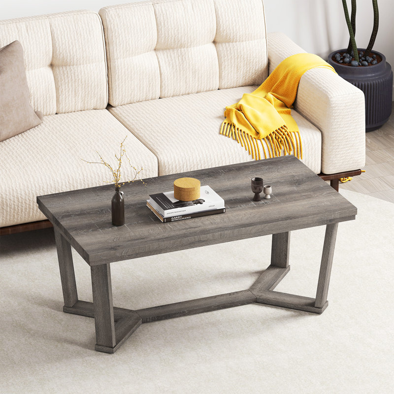  Coffee Table Solid Rubber Wood Center Table w/ Cross-Shaped Base Accent Table